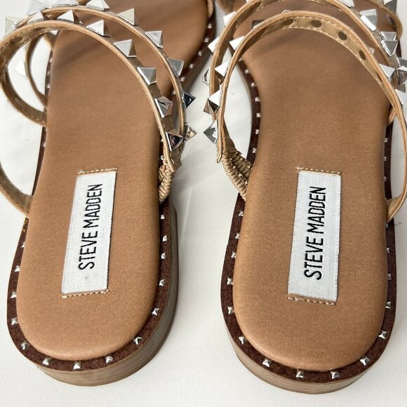 NWOT Sz 8.5 - Steve Madden Skyler Silver Stud 4-Strap Tan Slip-On Sandals - Picture 5 of 13